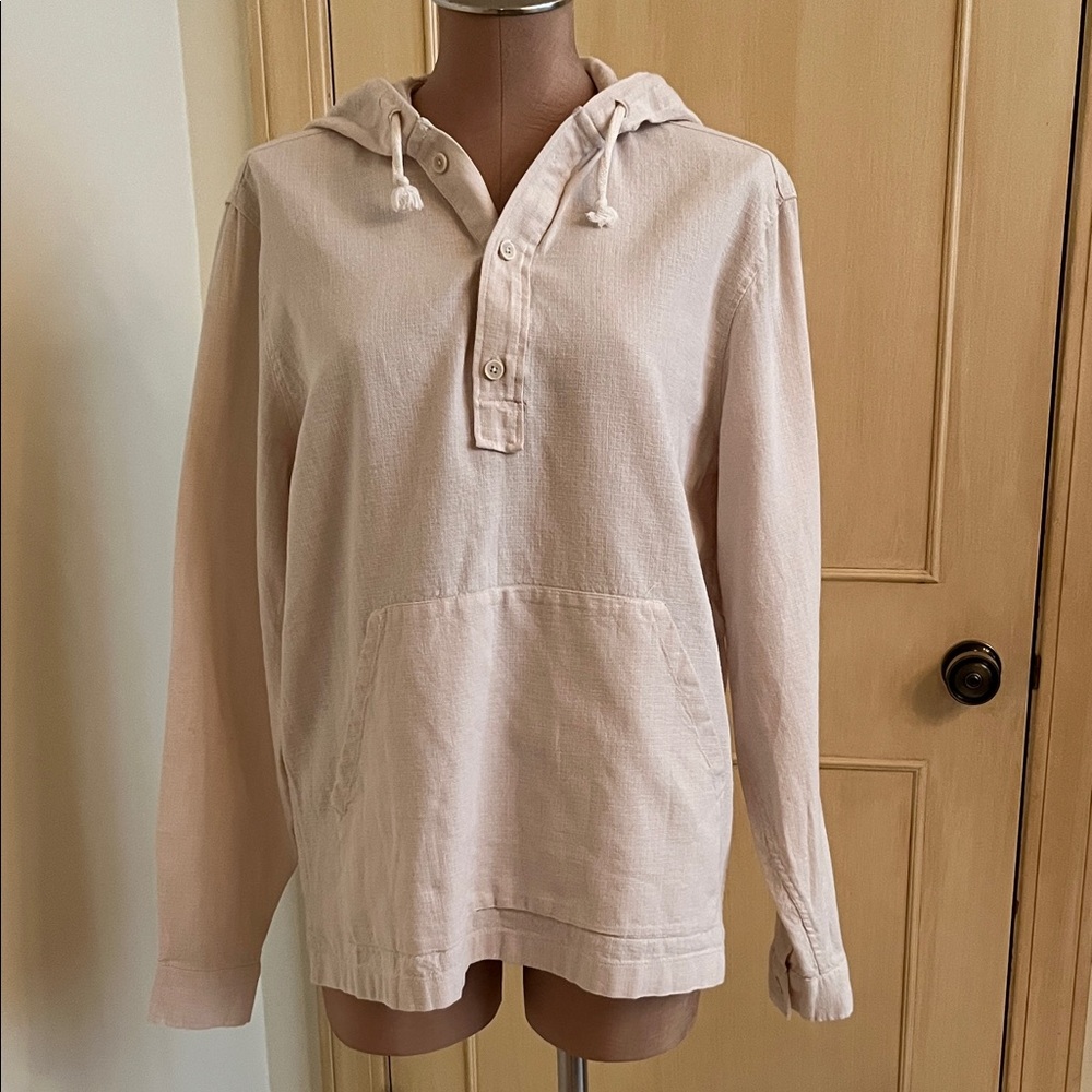 ZARA Casual Boho Granola Girl Kangaroo Pocket 1/4 Button LS SLV Ecru Hoodie SZ M